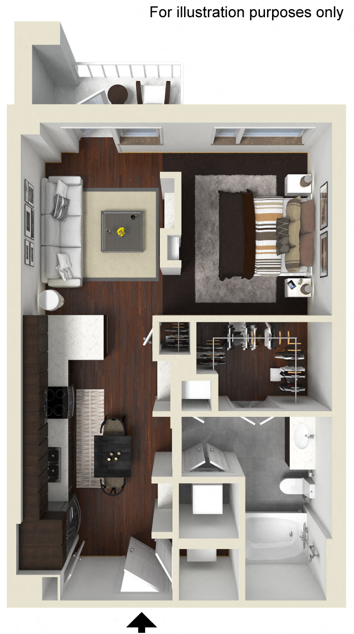 Floor plan for 1 bed, 1 bath, 600 sqft